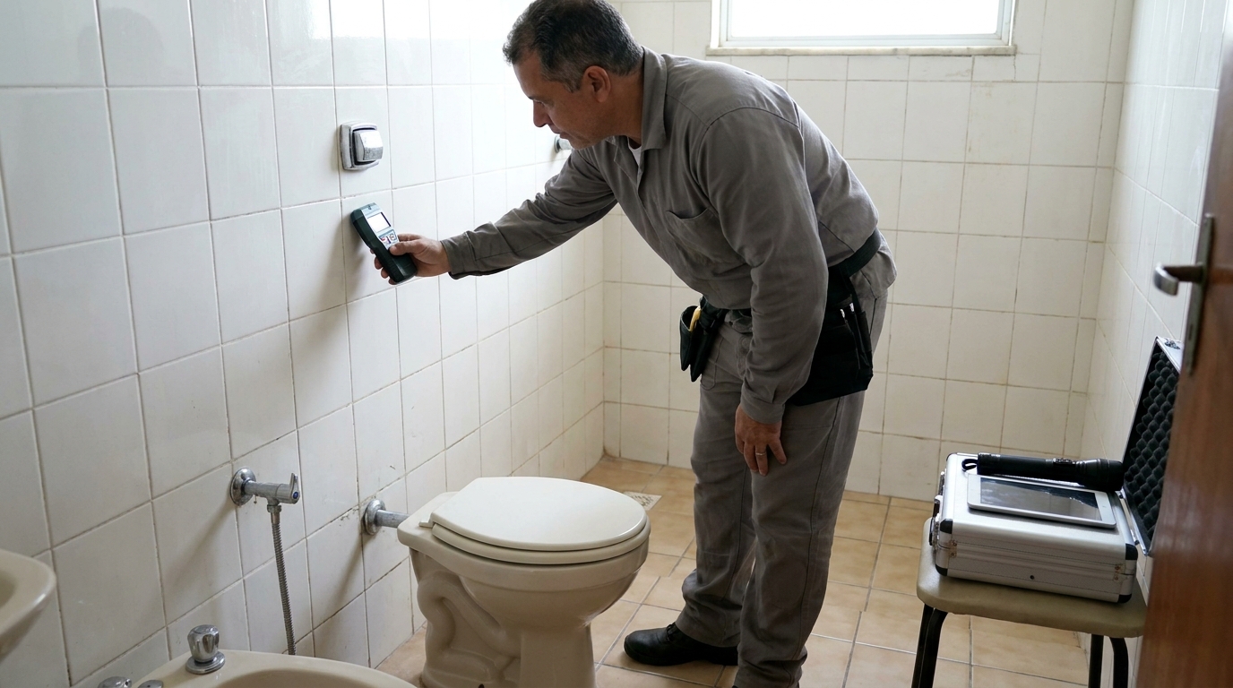 Técnico de caça vazamento analisando tubulação em Goiânia‑GO