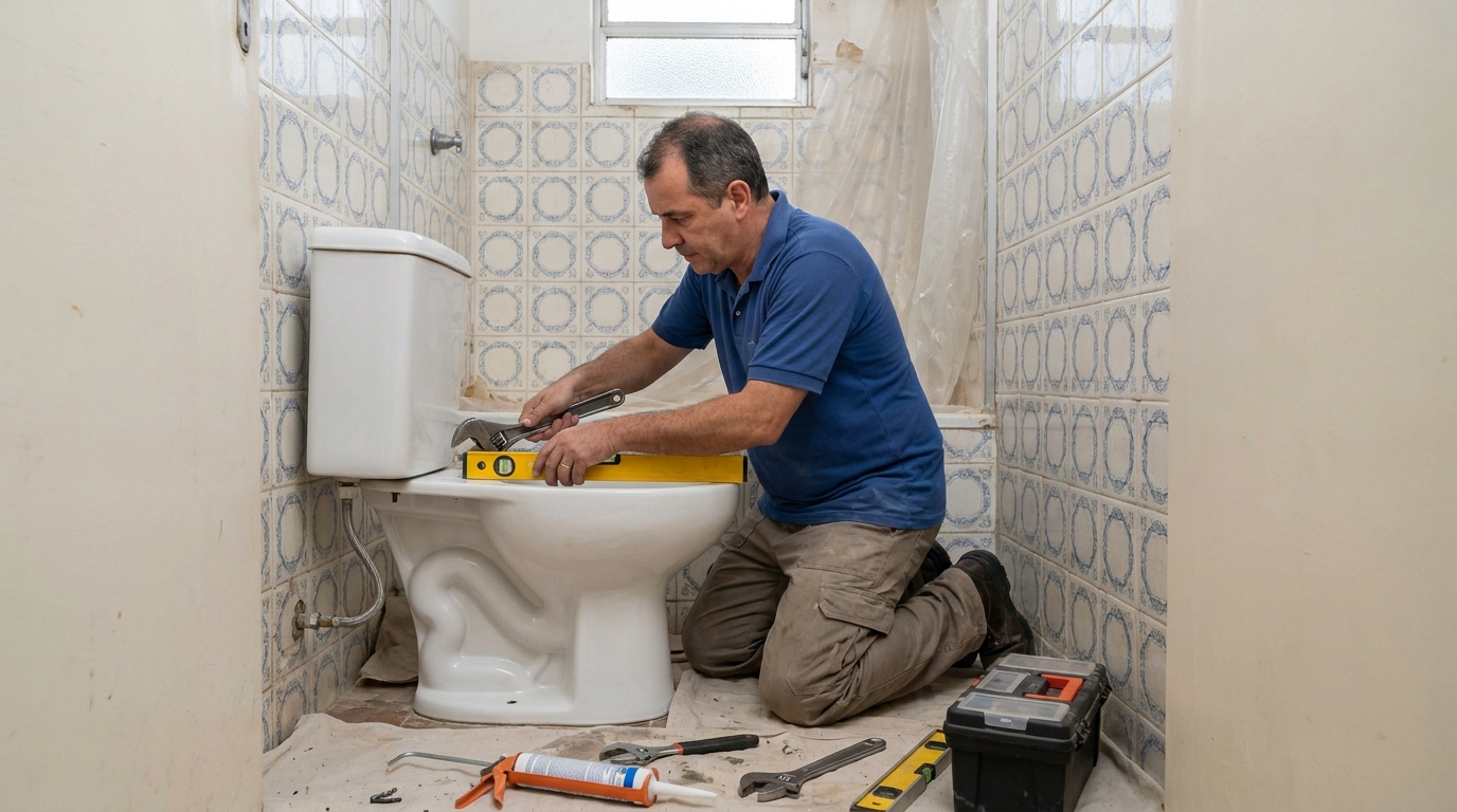 Técnico instalando vaso sanitário em Goiânia‑GO